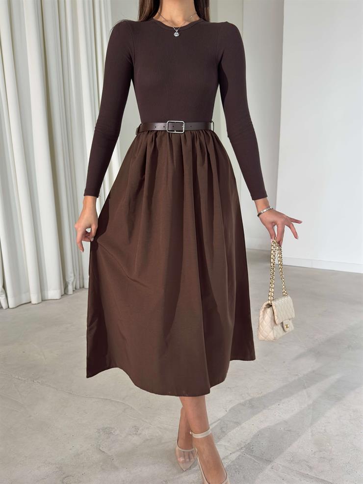 Kemerli Uzun Kol Bılten Kahve Kadın Elbise 26K393