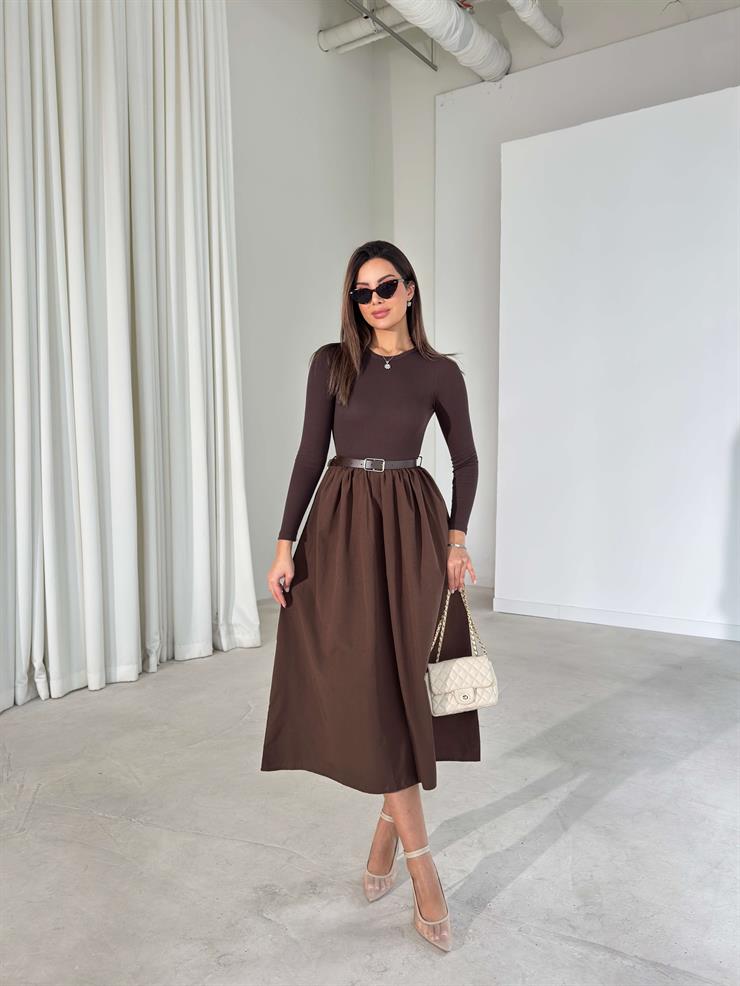 Kemerli Uzun Kol Bılten Kahve Kadın Elbise 26K393