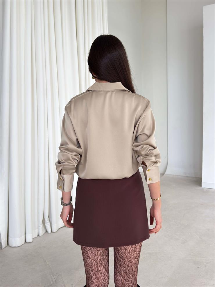 Önü Düğmeli Bırenda Taş Kadın Saten Gömlek 26K382