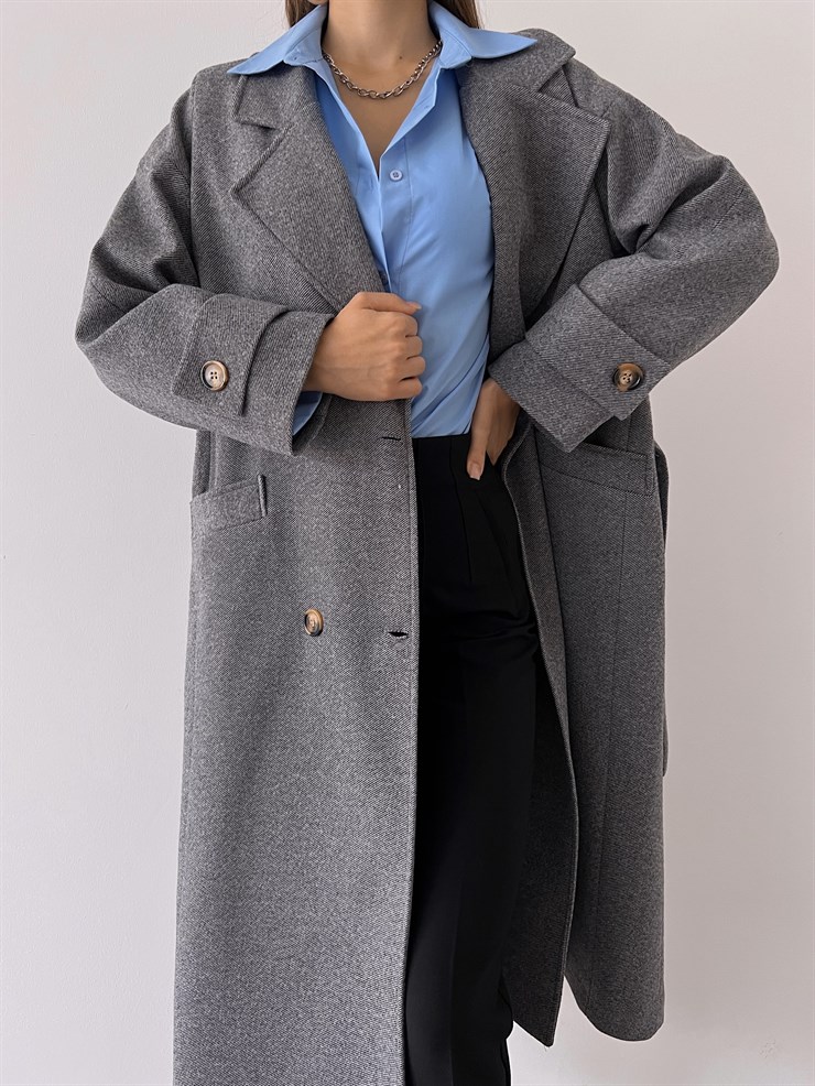 Önü Düğme Kapamalı Belden Kuşaklı Yanları Cepli Birgitt Kadın Gri Kaban 23K000220