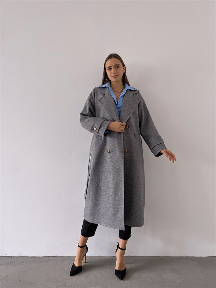 Önü Düğme Kapamalı Belden Kuşaklı Yanları Cepli Birgitt Kadın Gri Kaban 23K000220