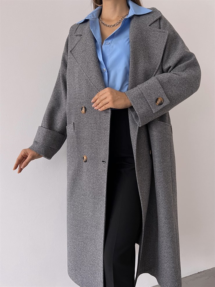 Önü Düğme Kapamalı Belden Kuşaklı Yanları Cepli Birgitt Kadın Gri Kaban 23K000220