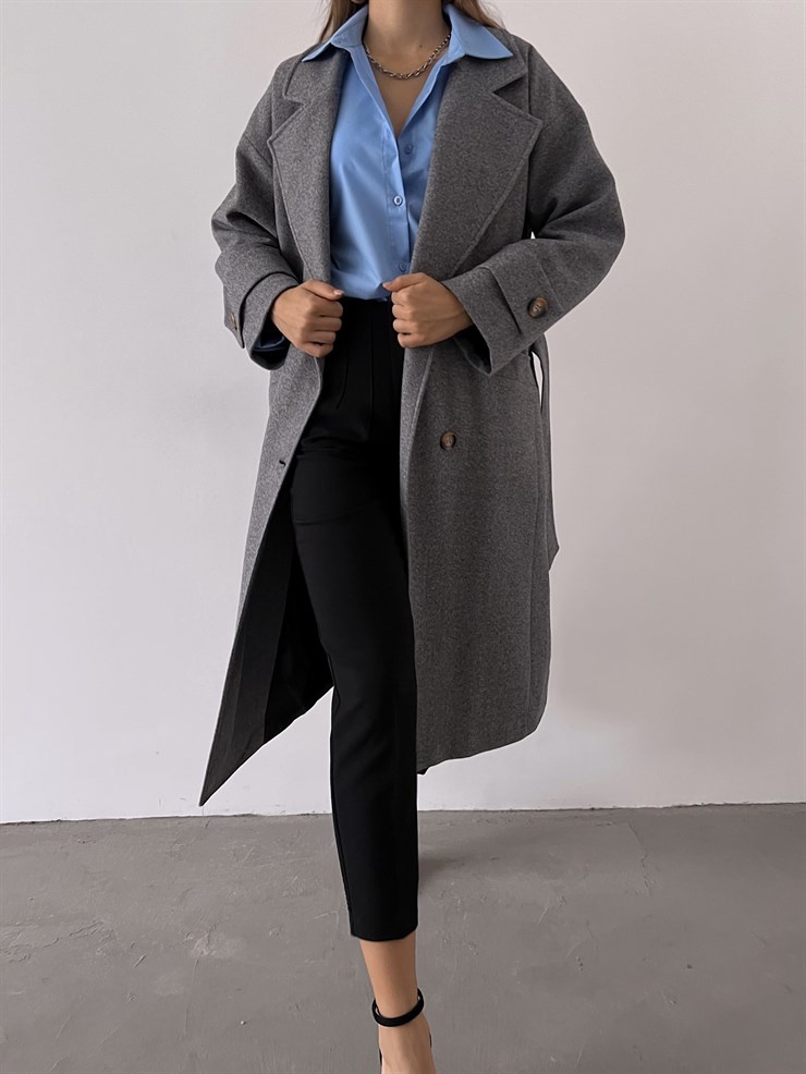 Önü Düğme Kapamalı Belden Kuşaklı Yanları Cepli Birgitt Kadın Gri Kaban 23K000220