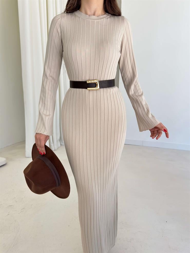 Bisiklet Yaka Agatha Bej Triko Kadın Elbise 26K003