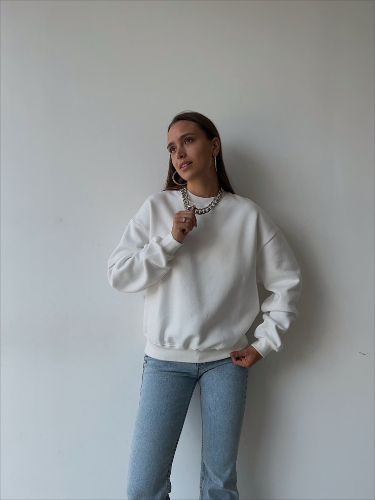 Bisiklet Yaka Boyfriend Elenilson Kadın Ekru Sweatshirt 23K000148