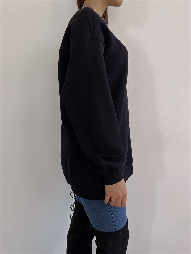 Bisiklet Yaka Boyfriend Elenilson Kadın Siyah Sweatshirt 23K000148