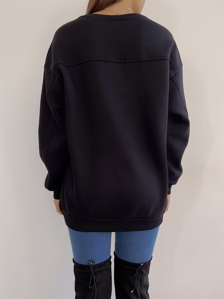 Bisiklet Yaka Boyfriend Elenilson Kadın Siyah Sweatshirt 23K000148