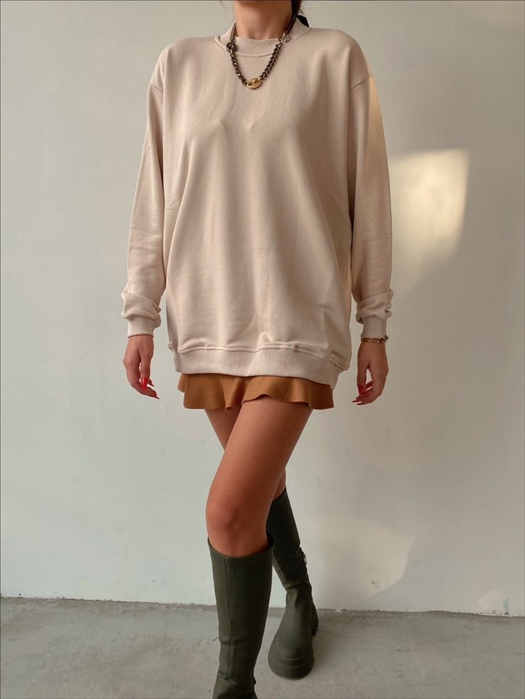 Bisiklet Yaka Boyfriend Kadın Taş Renk Sweat 22K000015