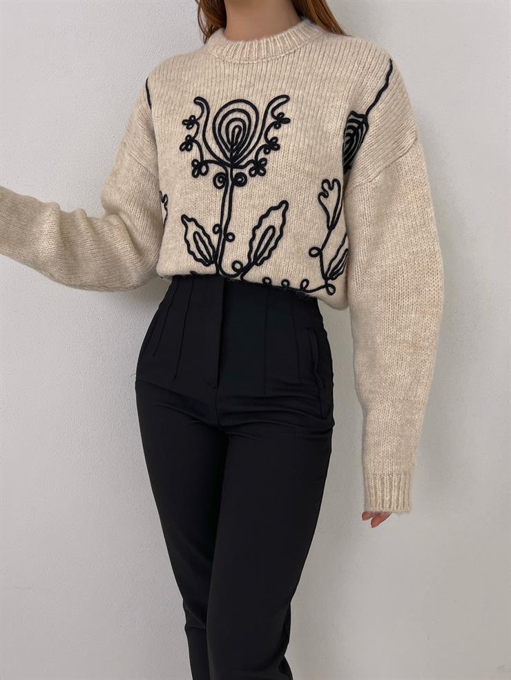 Bisiklet Yaka Busran Kadın Bej Desenli Kazak 23Y000036