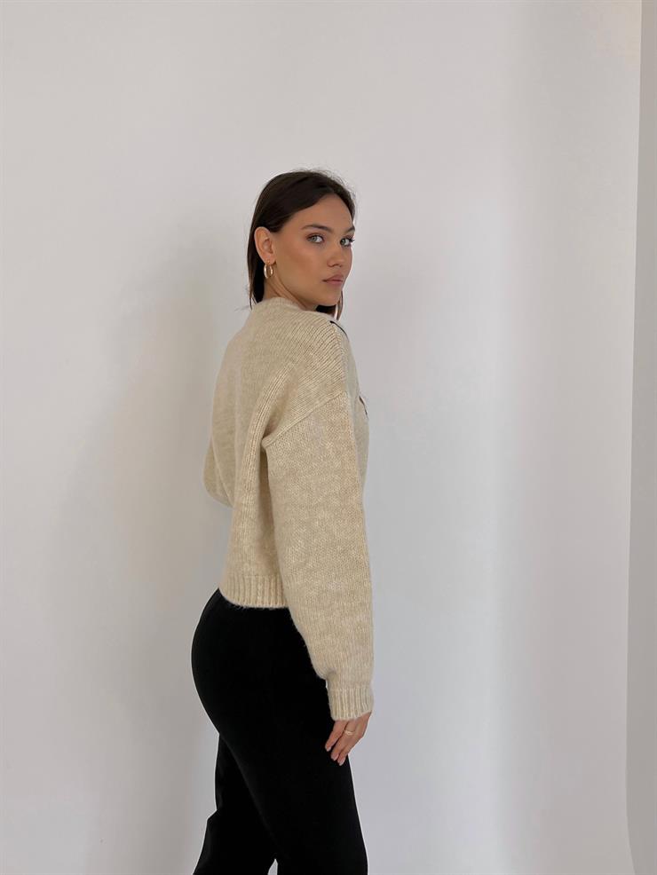 Bisiklet Yaka Busran Kadın Bej Desenli Kazak 23Y000036