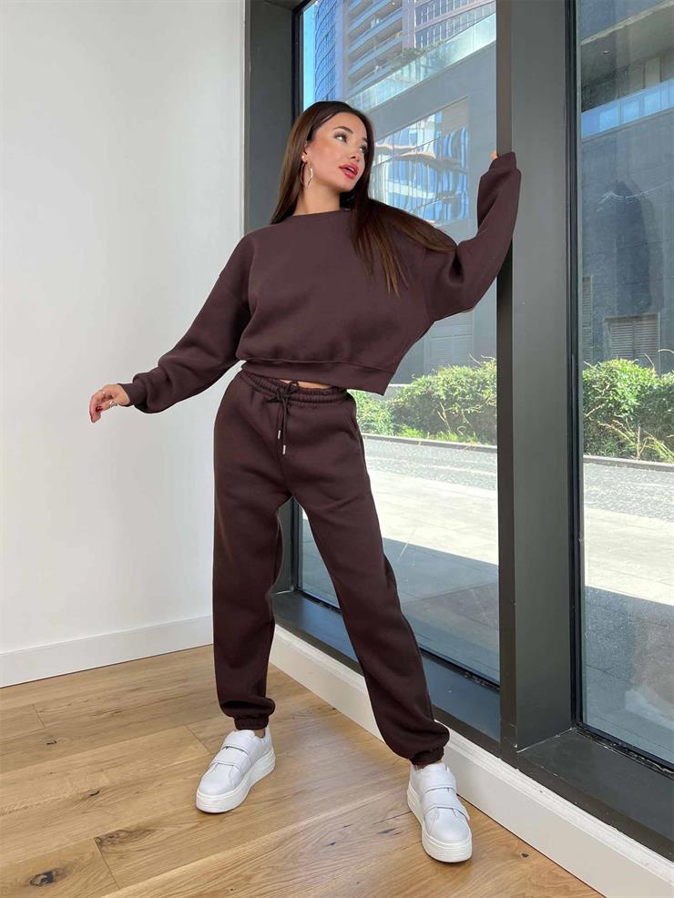 Bisiklet Yaka Crop Sweatshirt Lastikli Eşofman Wesley Kadın Kahve Eşofman Takım 24k258