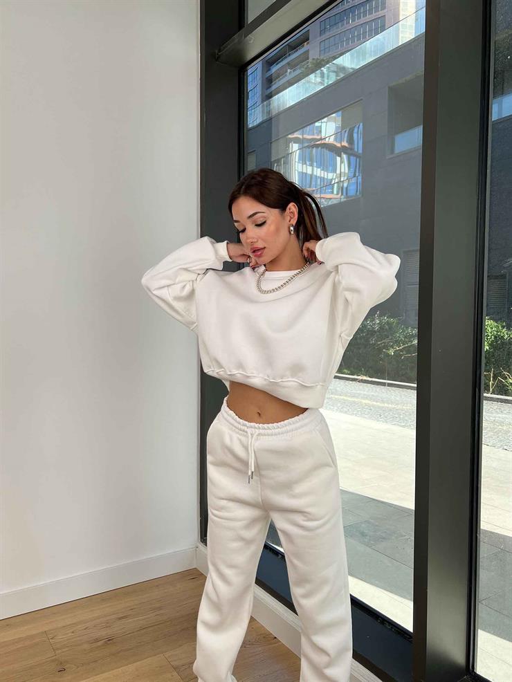 Bisiklet Yaka Crop Sweatshirt Lastikli Eşofman Wesley Kadın Beyaz Eşofman Takım 24k258