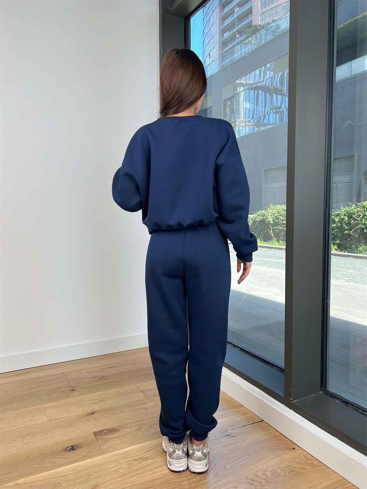 Bisiklet Yaka Crop Sweatshirt Lastikli Eşofman Wesley Kadın Lacivert Eşofman Takım 24k258