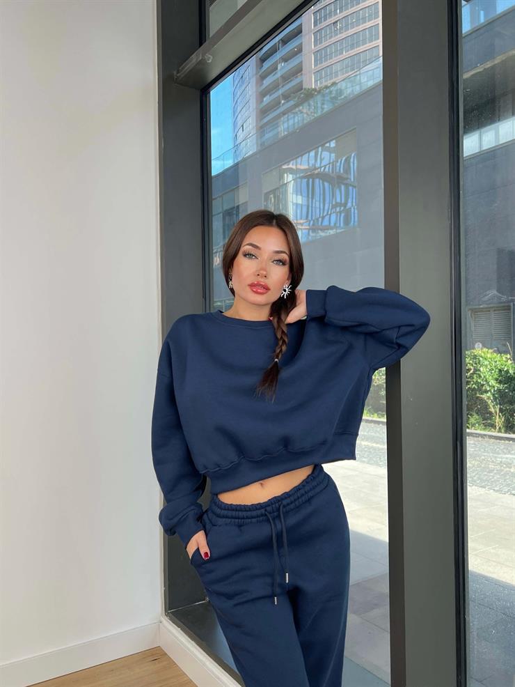 Bisiklet Yaka Crop Sweatshirt Lastikli Eşofman Wesley Kadın Lacivert Eşofman Takım 24k258