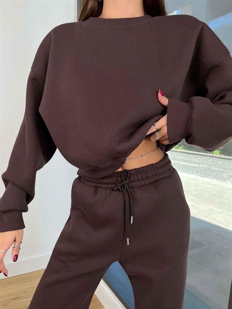 Bisiklet Yaka Crop Sweatshirt Lastikli Eşofman Wesley Kadın Kahve Eşofman Takım 24k258