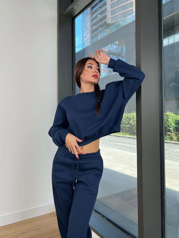 Bisiklet Yaka Crop Sweatshirt Lastikli Eşofman Wesley Kadın Lacivert Eşofman Takım 24k258