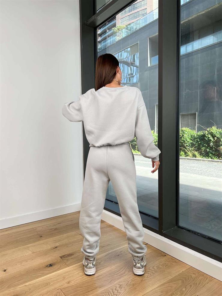 Bisiklet Yaka Crop Sweatshirt Lastikli Eşofman Wesley Kadın Gri Eşofman Takım 24k258