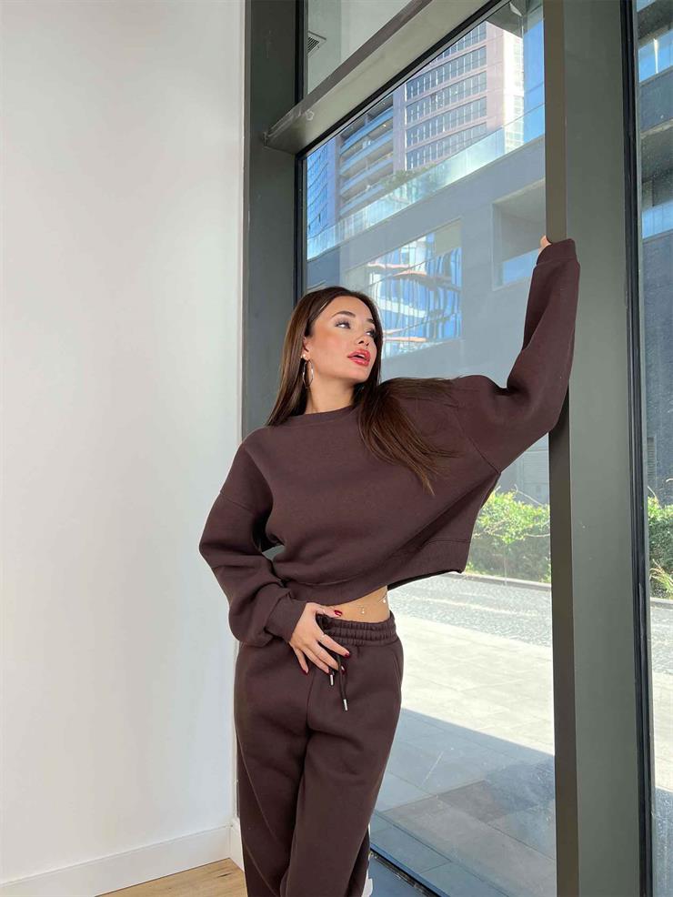 Bisiklet Yaka Crop Sweatshirt Lastikli Eşofman Wesley Kadın Kahve Eşofman Takım 24k258