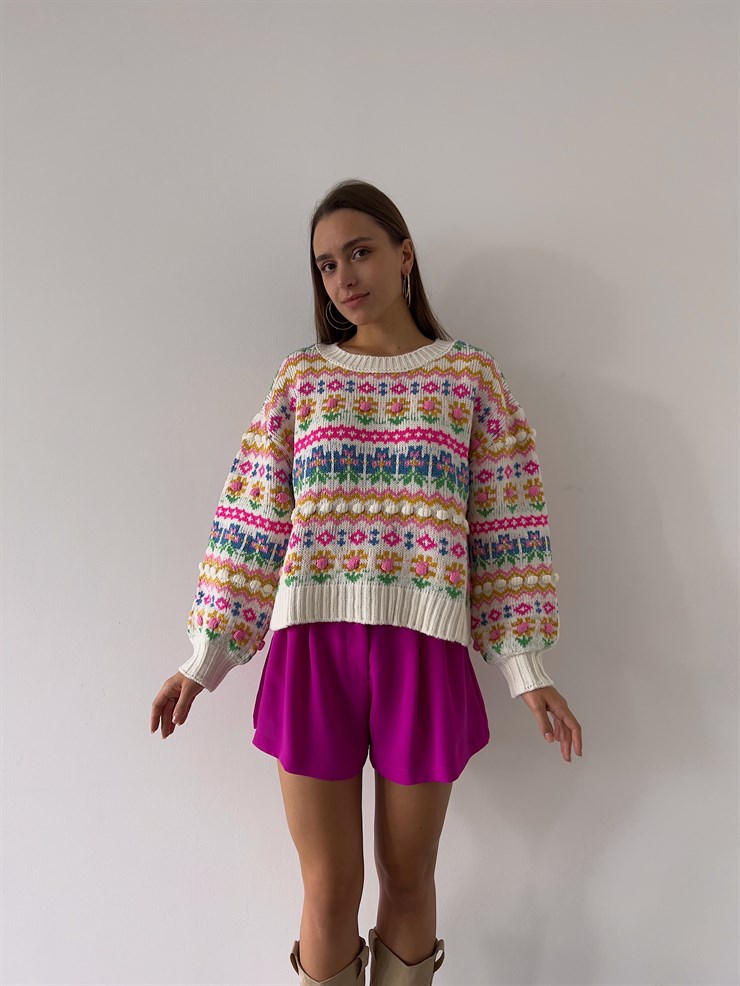 Bisiklet Yaka Etnik Desenli Rene Kadın Renkli Kazak 23K000189