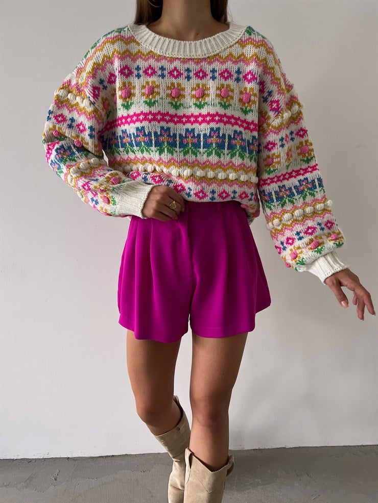 Bisiklet Yaka Etnik Desenli Rene Kadın Renkli Kazak 23K000189