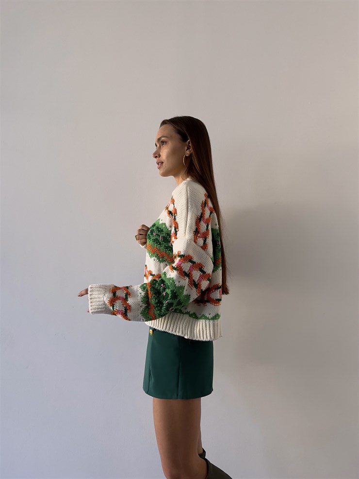 Bisiklet Yaka Etnik Desenli Terrell Kadın Yeşil Kazak 23K000185