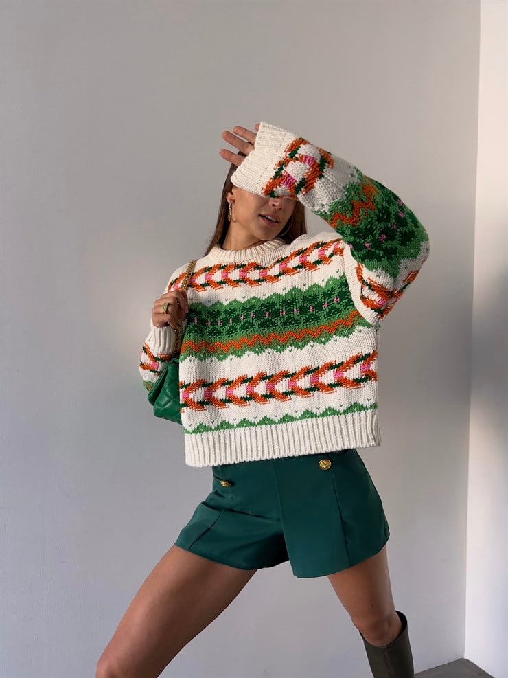 Bisiklet Yaka Etnik Desenli Terrell Kadın Yeşil Kazak 23K000185