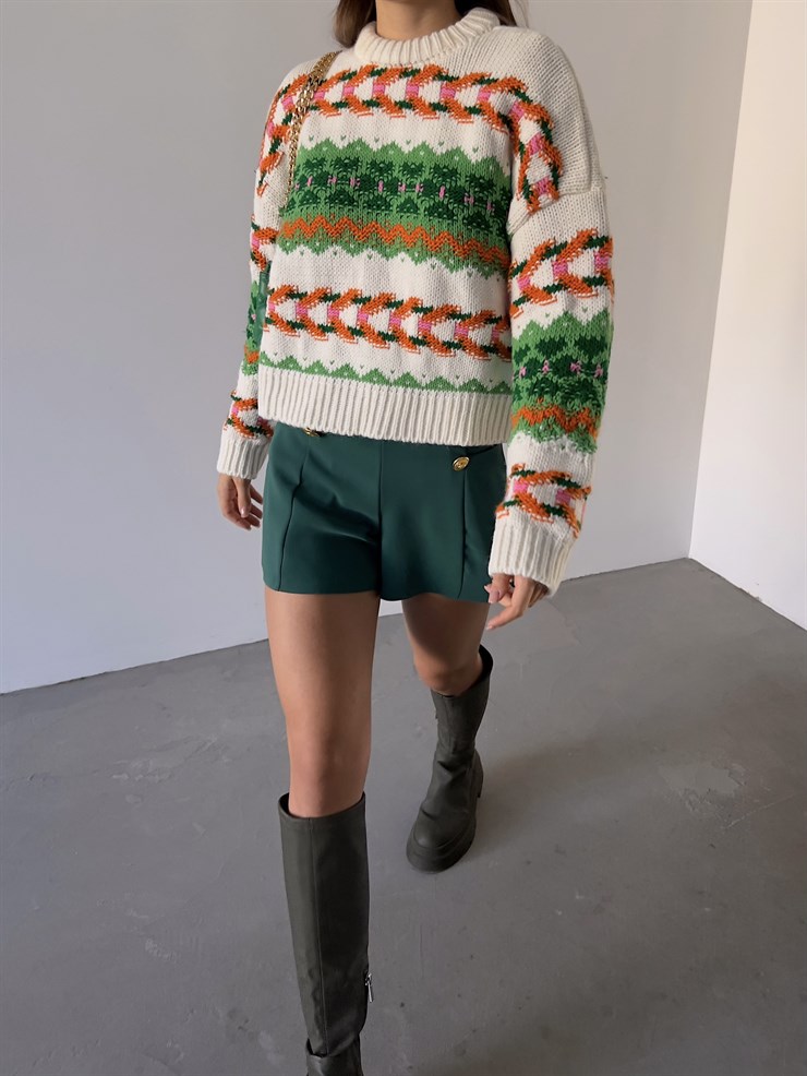 Bisiklet Yaka Etnik Desenli Terrell Kadın Yeşil Kazak 23K000185