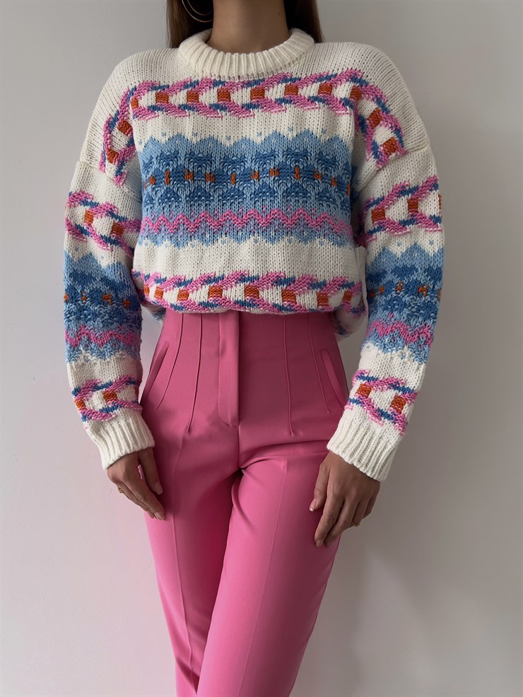 Bisiklet Yaka Etnik Desenli Terrell Kadın Mavi Kazak 23K000185