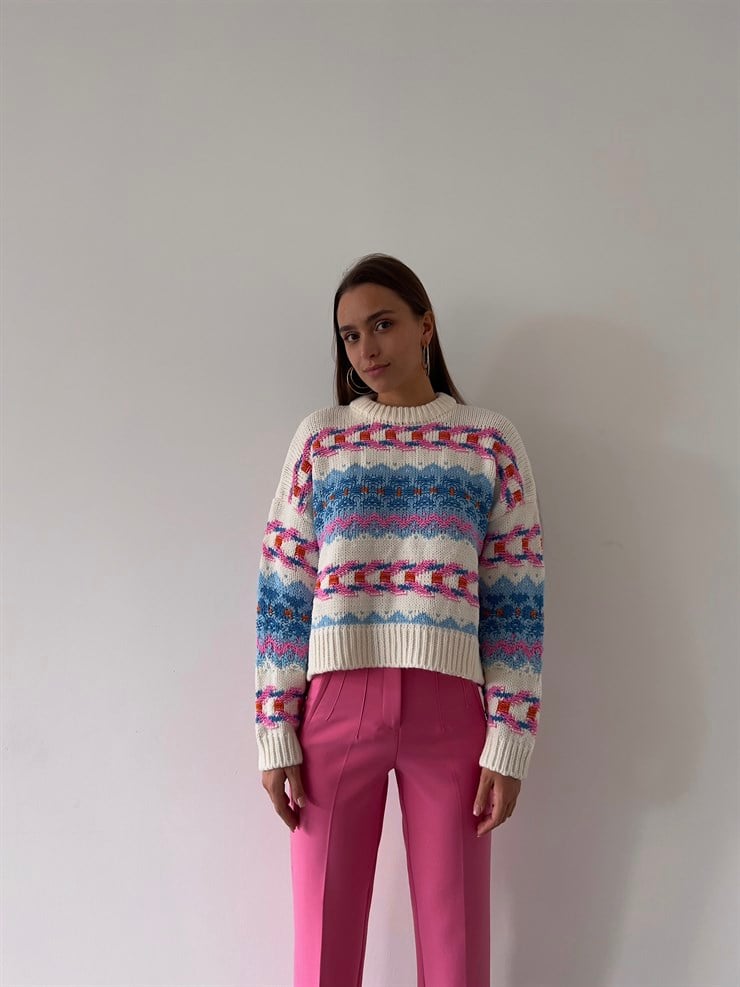 Bisiklet Yaka Etnik Desenli Terrell Kadın Mavi Kazak 23K000185