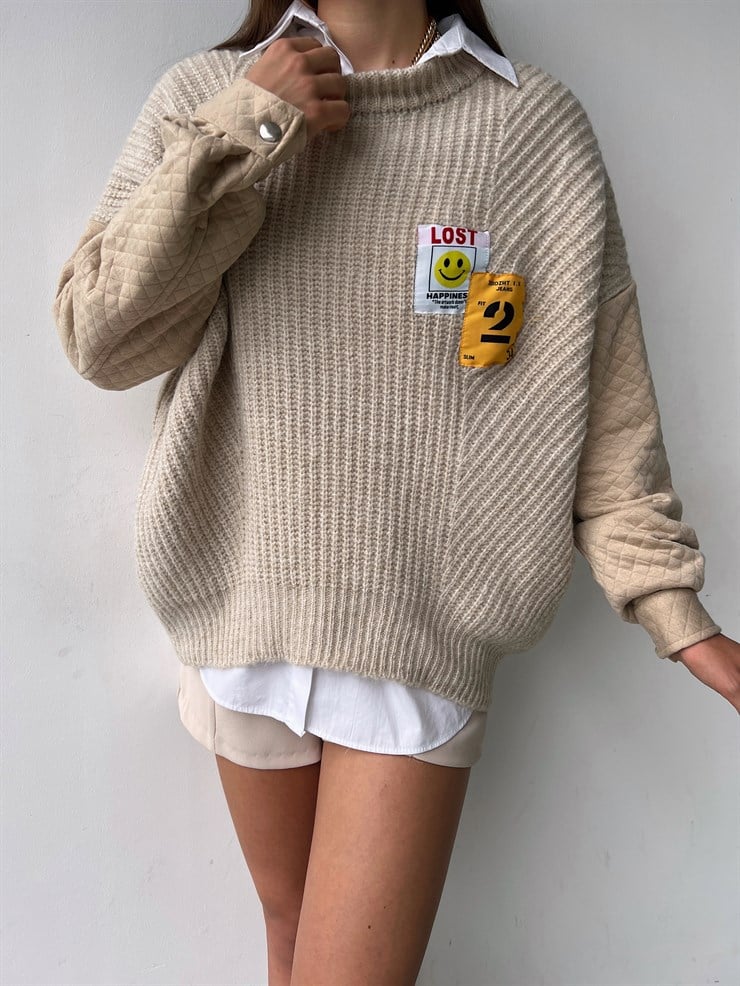 Bisiklet Yaka Kol Kısmı Kapitone Detaylı Nela Kadın Taş Salaş Triko Kazak 23K000160