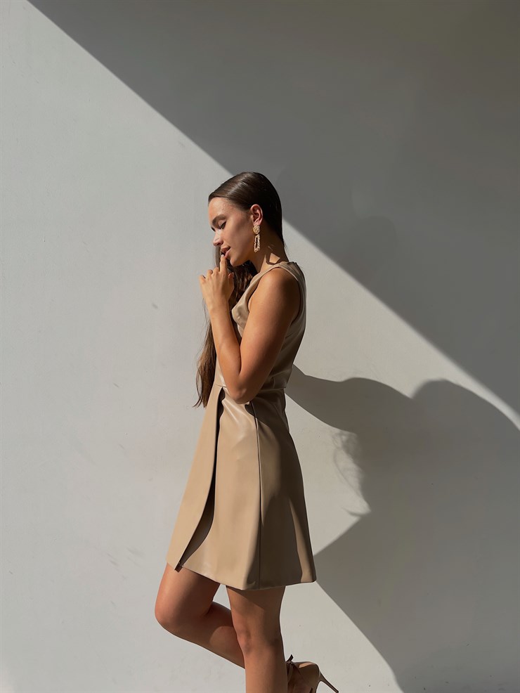 Bisiklet Yaka Kolsuz Edivan Vegan Deri Elbise 23K000143