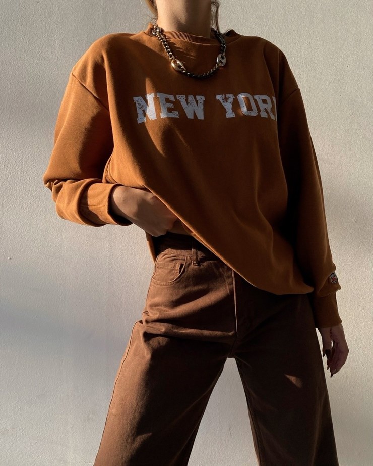 Bisiklet Yaka New York Baskılı Salaş Kadın Turuncu Sweat 22K000011