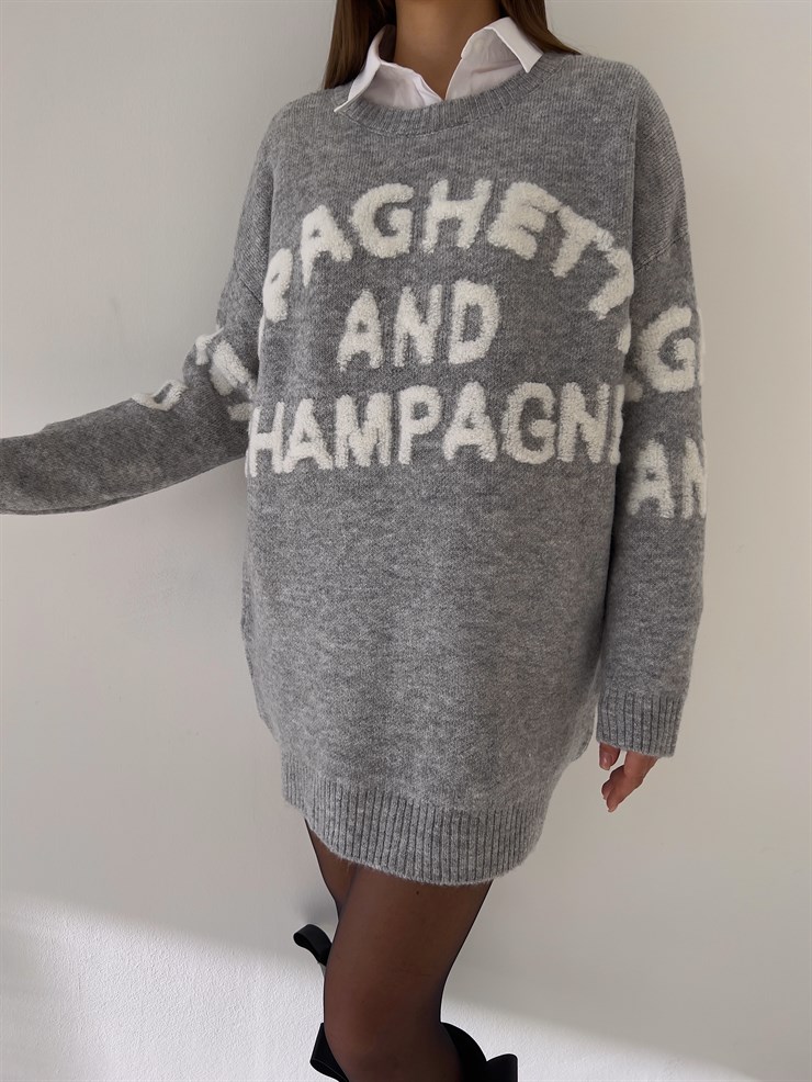 Bisiklet Yaka Ön Ve Arka Kısmı Yazılı Stuart Kadın Gri Uzun Triko Kazak 23K000186