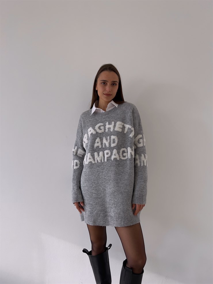 Bisiklet Yaka Ön Ve Arka Kısmı Yazılı Stuart Kadın Gri Uzun Triko Kazak 23K000186