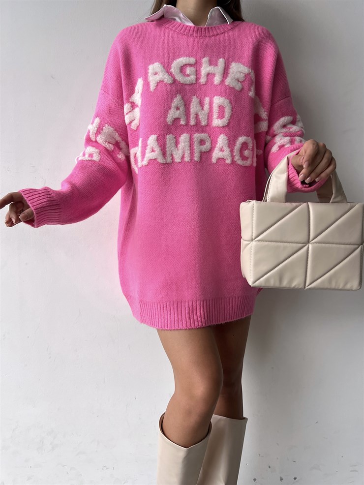 Bisiklet Yaka Ön Ve Arka Kısmı Yazılı Stuart Kadın Pembe Uzun Triko Kazak 23K000186