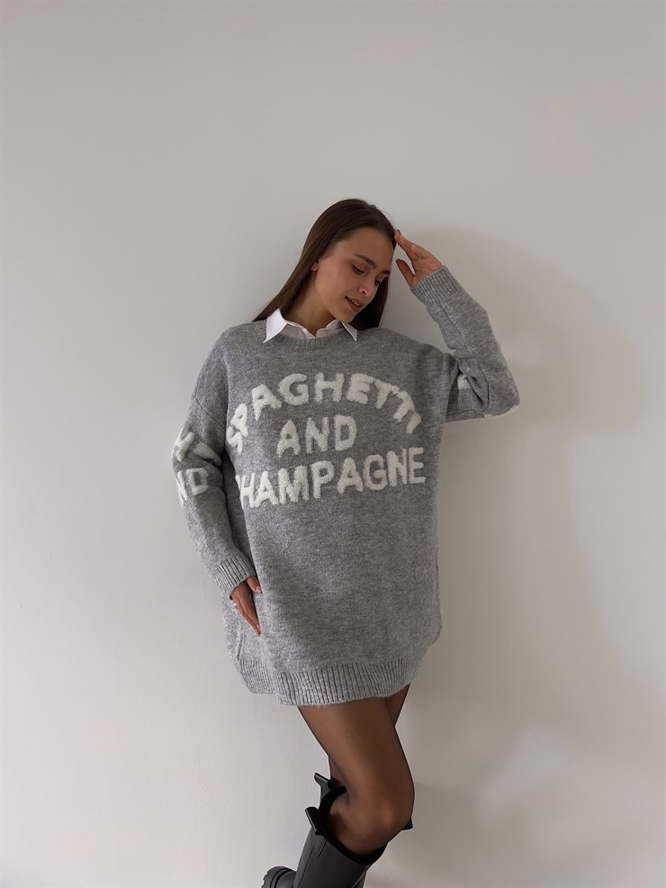 Bisiklet Yaka Ön Ve Arka Kısmı Yazılı Stuart Kadın Gri Uzun Triko Kazak 23K000186