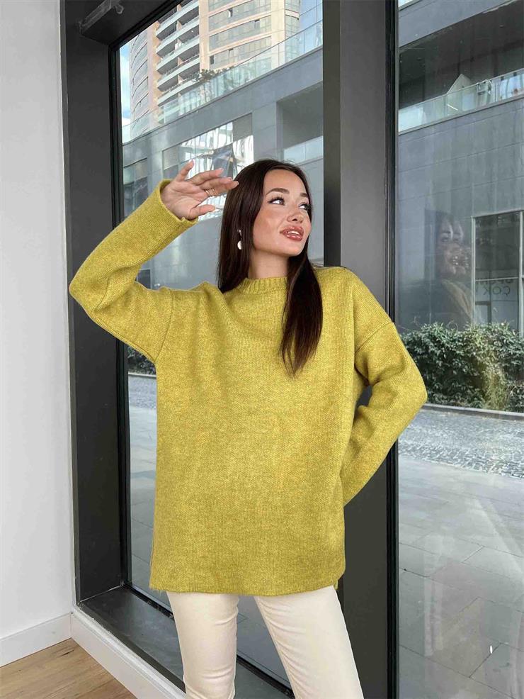 Bisiklet Yaka Oversize Pretty Kadın Yağ Yeşili Kazak 24k000172