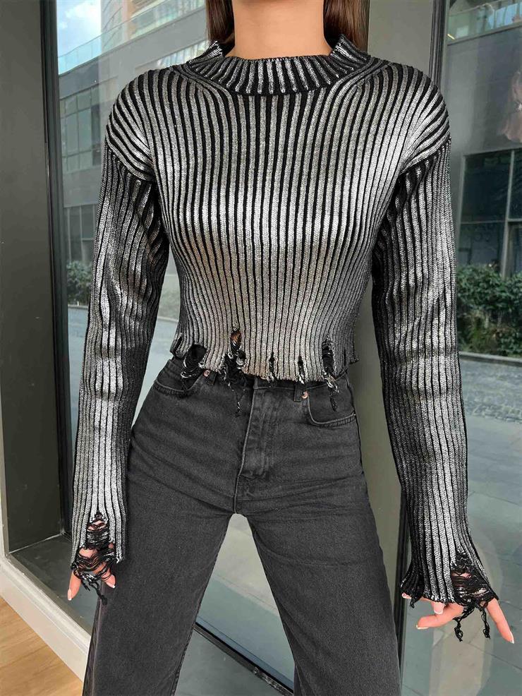 Bisiklet Yaka Parlak Joana Kadın Siyah Kazak 24k000185