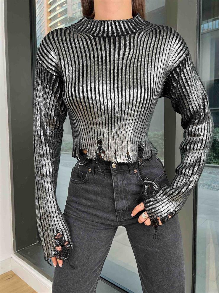 Bisiklet Yaka Parlak Joana Kadın Siyah Kazak 24k000185