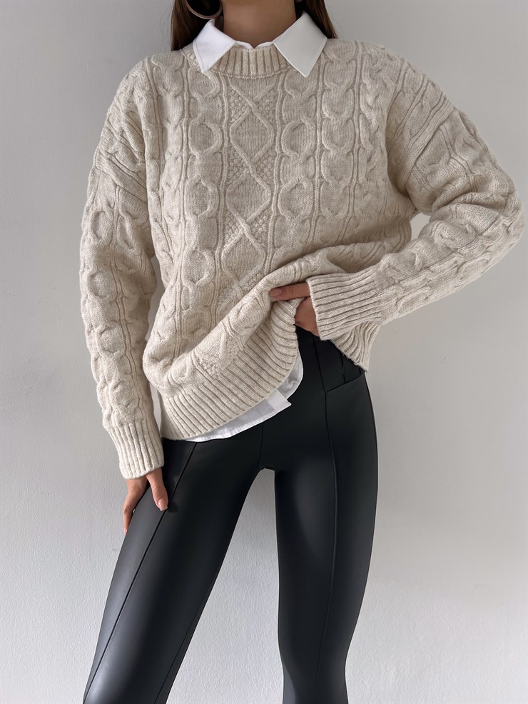 Bisiklet Yaka Perla Kadın Ekru Triko Kazak 23K000199