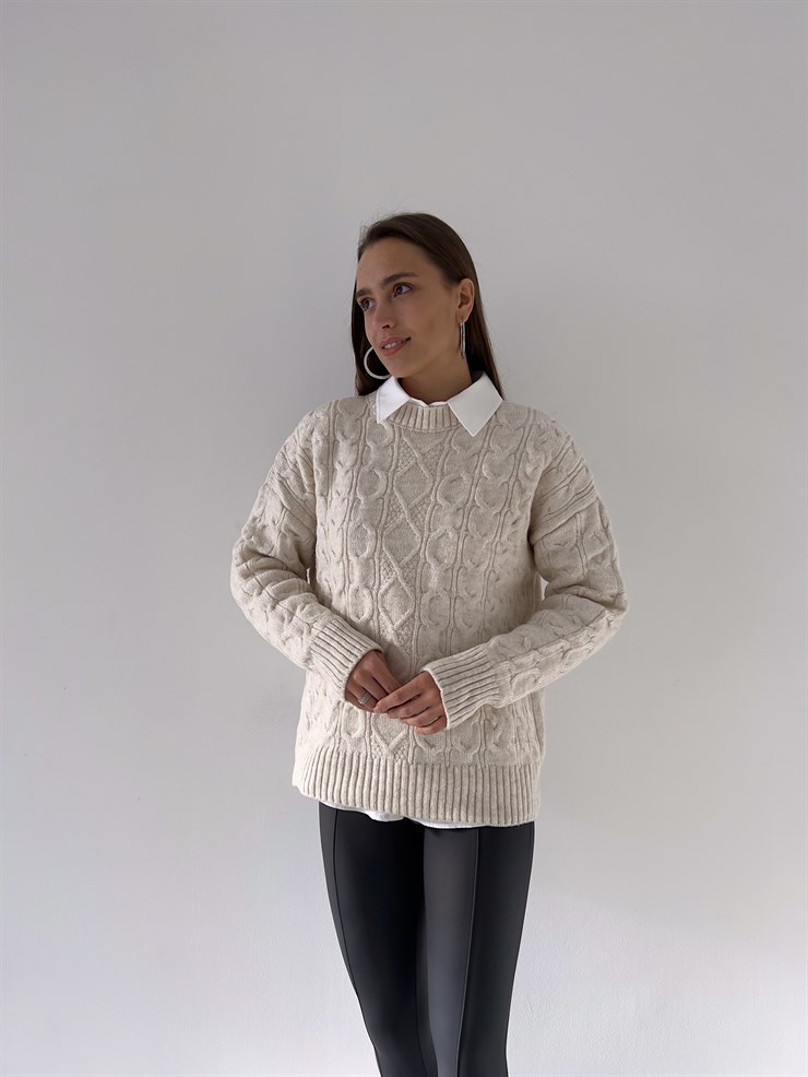 Bisiklet Yaka Perla Kadın Ekru Triko Kazak 23K000199