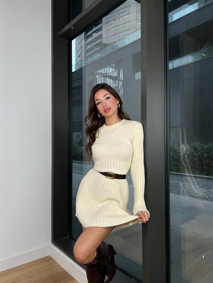 Bisiklet Yaka Uzun Kollu Lainn Kadın Krem Triko Mini Elbise 24k283