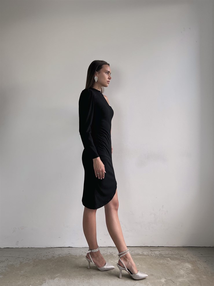 Bisiklet Yaka Uzun Tek Kol Göğüs Detay Asimetrik Kesim Gratiana Kadın Siyah Elbise 23K000045