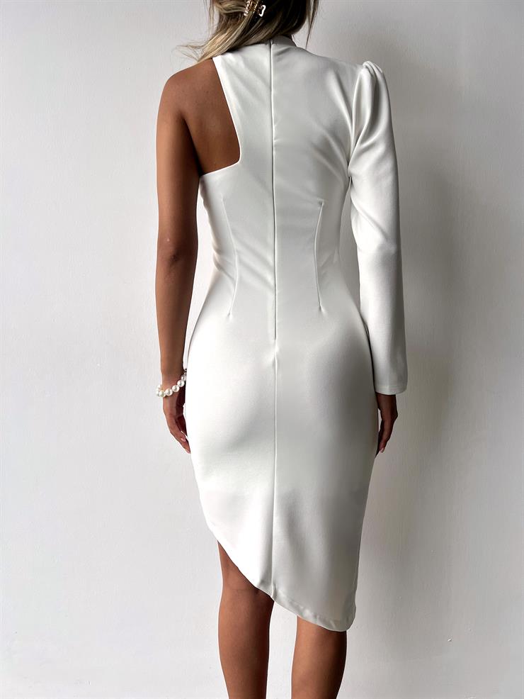 Bisiklet Yaka Uzun Tek Kol Göğüs Detay Asimetrik Kesim Gratiana Kadın Beyaz Elbise 23K000045