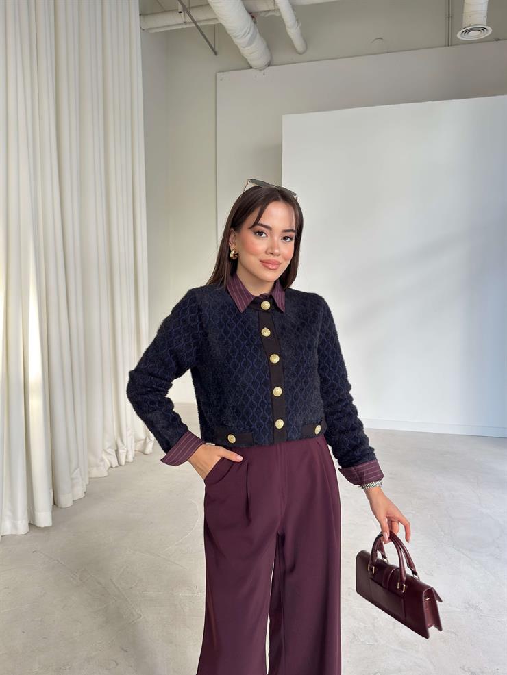 Desenli Önü Çıtçıtlı Cepli Bklv Lacivert Kadın Hırka 26K169