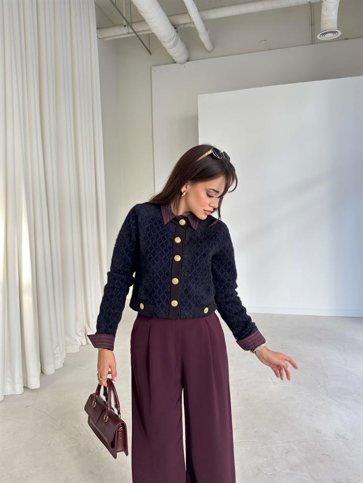 Desenli Önü Çıtçıtlı Cepli Bklv Lacivert Kadın Hırka 26K169