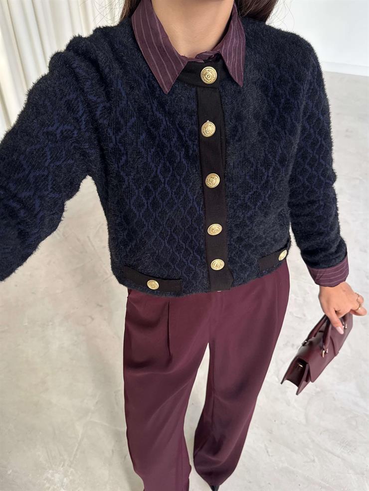 Desenli Önü Çıtçıtlı Cepli Bklv Lacivert Kadın Hırka 26K169