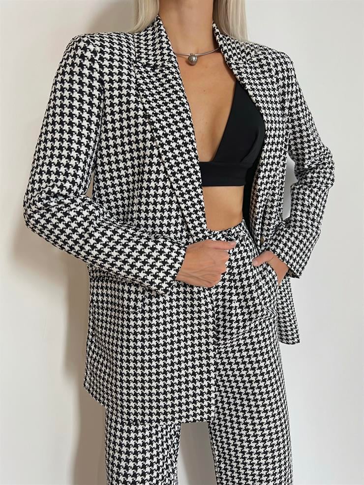 Blazer Ceket Yüksek Bel Bol Paça Pantolon Joe Kadın Siyah Tüvit Takım 24k000099