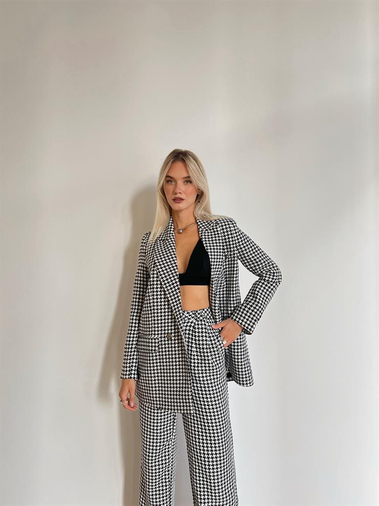 Blazer Ceket Yüksek Bel Bol Paça Pantolon Joe Kadın Siyah Tüvit Takım 24k000099