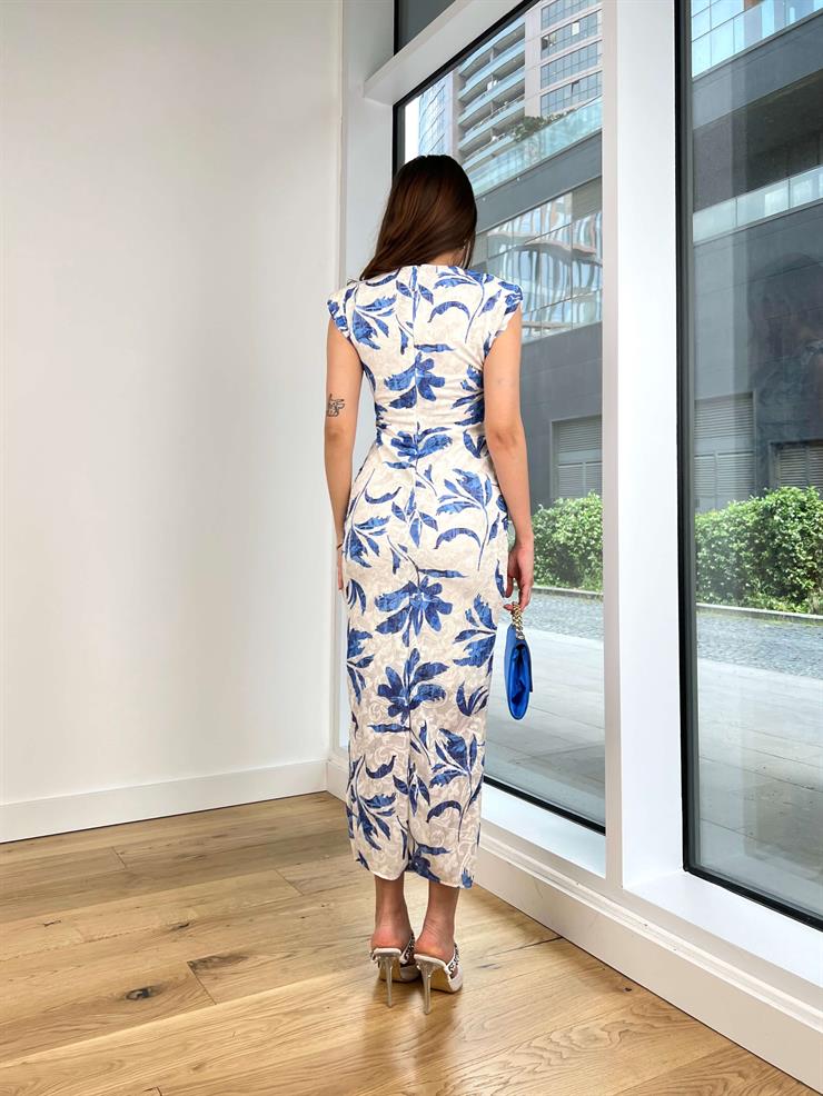 Omuz Vatkalı Yuvarlak Yaka Drapeli Bleart Kadın Çiçek Detaylı Mavi Elbise 24Y561